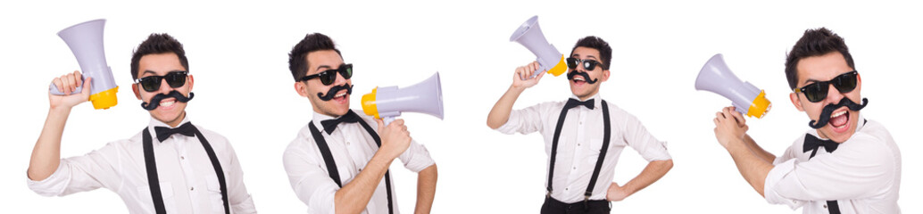Fototapeta premium Emotional man with loudspeaker isolated on white