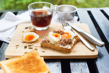 Healthy Breakfast Coffee Toast Tuna Eggs Sunflower Seeds