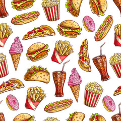 Fast food sketch vector seamless pattern
