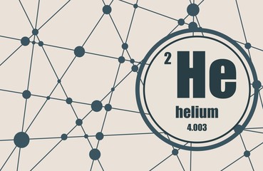 Helium chemical element. Sign with atomic number and atomic weight. Chemical element of periodic table. Molecule And Communication Background. Connected lines with dots.