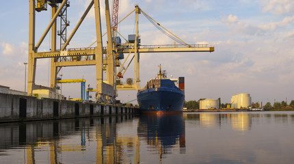 Fototapeta premium Bulk carrier moored at the quay, and busy with cargo operations.Commercial port in Szczecin, Poland