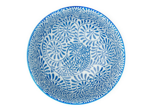 bowl, decorated with blue painted, isolate on white background, flat lay.