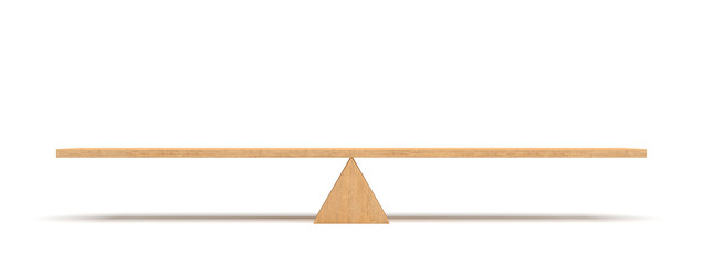 3d rendering of a wooden plank balancing on a wooden triangle isolated on white background.