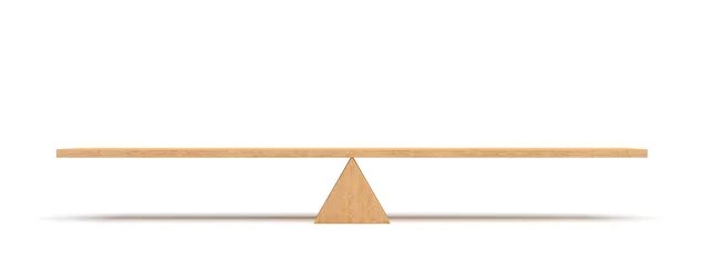Foto op Canvas 3d rendering of a wooden plank balancing on a wooden triangle isolated on white background. © gearstd