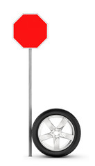 3d rendering of one car chrome wheel standing on its rim beside a blank red road sign.