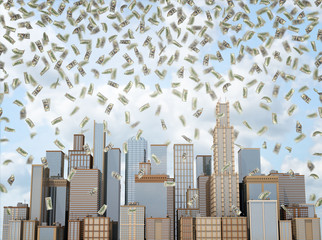 Many 100 USD bills falling slowly over several high buildings standing close together.