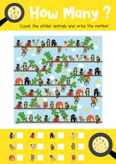 Counting game of cute monkeys and primates animals for preschool kids activity worksheet layout in A4 colorful printable version. Vector Illustration.