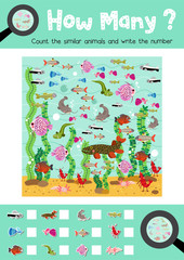 Counting game of freshwater animals for preschool kids activity worksheet layout in A4 colorful printable version. Vector Illustration.