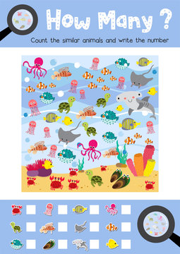 Counting game of ocean animals for preschool kids activity worksheet layout in A4 colorful printable version. Vector Illustration.