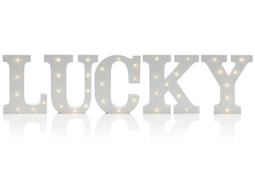 Illuminated Decorative Letters Spelling LUCKY Over White Background