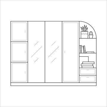 Wardrobe for clothes in thin line. Flat vector icon of closet in simple outline style. Interior element of house bedroom furniture. Black thin linear illustration isolated on white background.