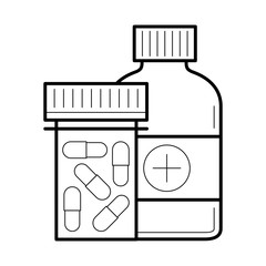 Icon with capsule in bottle and container. Painkiller pills or medical drug for health, treatment in linear style. Medicine or pharmacy. Vector medicament outline illustrations isolated on white