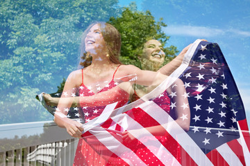 Abstract creative double exposure of patriotic woman waving American Flag for July 4th