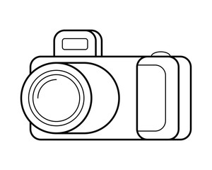 Camera line art, simple gadget icon for web application, outline vector pictogram isolated on a white background, compact device for taking photographs or making movies, digital memory