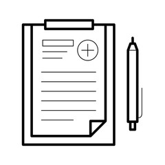 Assignments sheet and a pen icon, patient data line art pictogram, image for clinic, medical information picture, health care concept. Flat style vector illustration