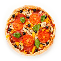 Pizza pepperoni with tomatoes, mushrooms and olives