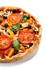 Pizza pepperoni with tomatoes, mushrooms and olives