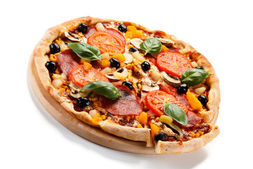 Pizza pepperoni with tomatoes, mushrooms and olives