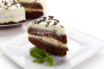 Chocolate cake with icing on white background