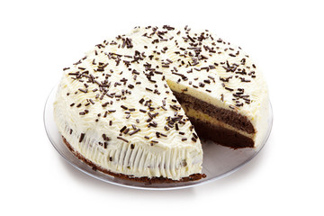 Chocolate cake with icing on white background