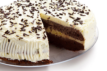 Chocolate cake with icing on white background