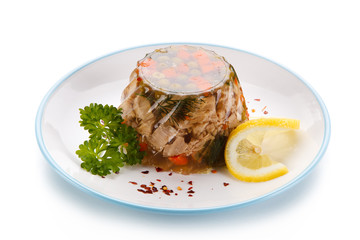 Jelly with chicken and vegetables on white background