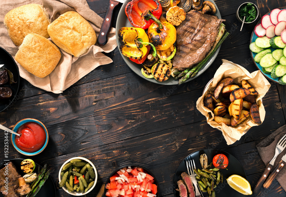 Canvas Prints Grilled steak and grilled vegetables on the wooden table