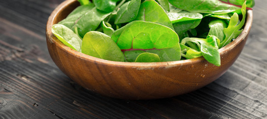 Wooden plate with mix of leaf salad close up