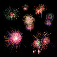 Fireworks collection on dark sky background, set of beautiful firework individually for graphic use