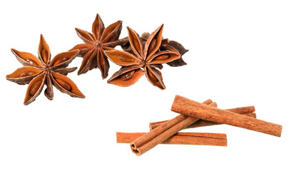 Cinnamon sticks with star anise isolated on white background with clipping path.