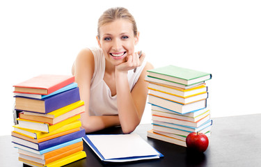 Writing woman with textbooks, isolated