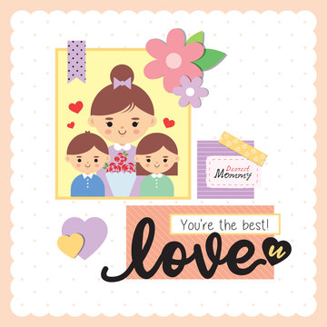 Happy Mother's Day scrapbooking template. Cartoon mother with daughter and son. Vector illustration.
