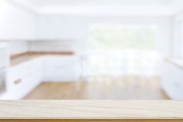 Empty marble top table and blurred Kitchen  background. for Procuct display montage.