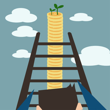 Business man climbing to reach his money aword on blue sky background