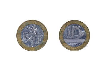 10 French franc coin isolated on white background.