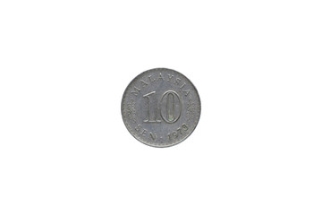 Malaysian Coin of 10 SEN of 1973 isolated on white background. © zilvergolf