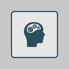 Thinking icon.  Silhouette of gear in head. Flat design style.