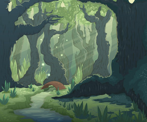 Fototapeta premium Forest landscape with trees, river and bridge. Cartoon fairytale scenery background. Vector illustration.