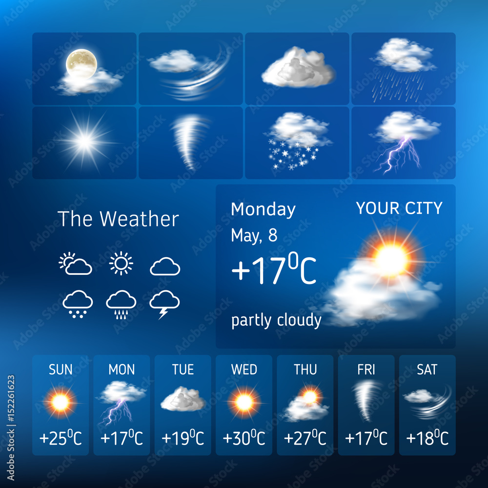 Wall mural vector illustration of realistic weather symbols, design for a mobile application weather forecast ,
