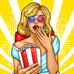 Vector pop art illustration of a excited blond woman sitting in the auditorium and watching a 3D movie. - obrazy, fototapety, plakaty