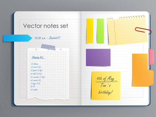 Vector illustration of a notebook page with various colored sticky paper notes in a realistic style