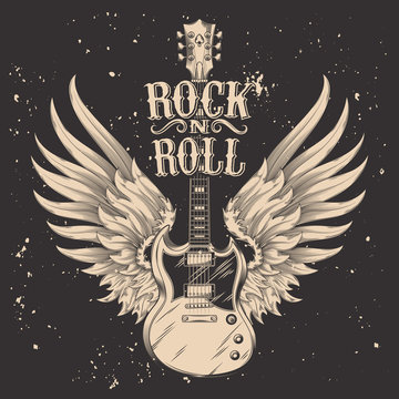 Vector monochrome illustration of an electric guitar with wings. Design element for the advertising poster of the rock festival, sketch for the tattoo, print for the t-shirts