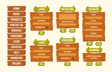Set of vector cartoon illustrations wooden signs, components for game development, gui design elements © vectorpocket