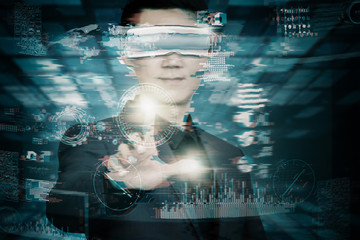 abstract technology background and business man with virtual reality goggles
