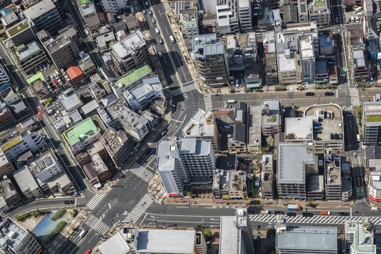 Tokyo streets and buildings, aerial top view, Japan