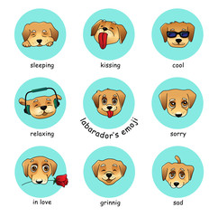 Naklejka premium Set of vector round stickers, emojis with dog