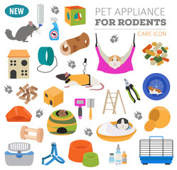 Pet appliance icon set flat style isolated on white. Rodents care collection. Create own infographic about guinea pig, rat, hamster, chinchilla, mouse, rabbit