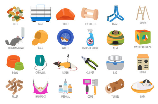 Pet appliance icon set flat style isolated on white. Rodents care collection. Create own infographic about guinea pig, rat, hamster, chinchilla, mouse, rabbit