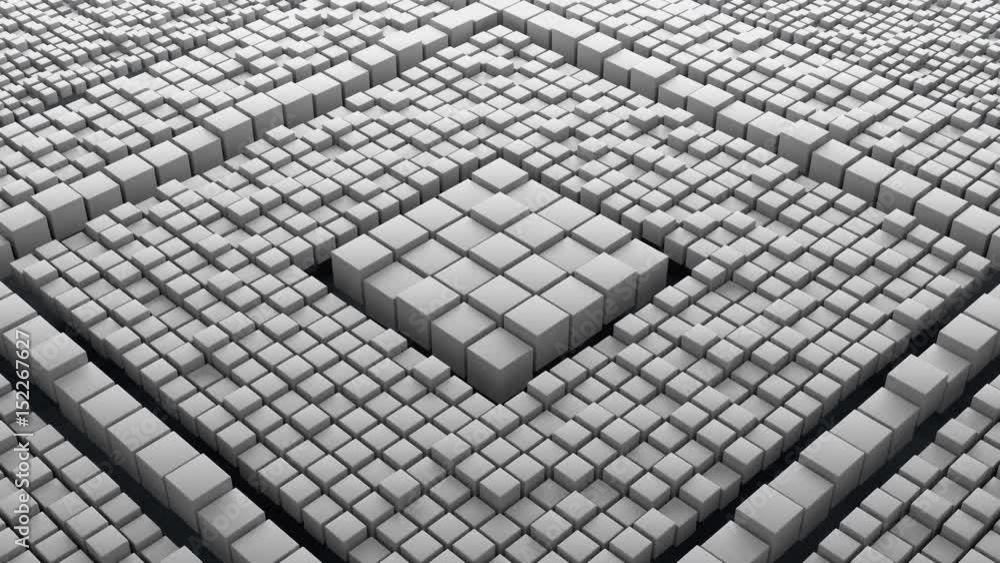 Poster huge amount of randomly moved cubes with differen size. 3d rendered abstract background. massive of 