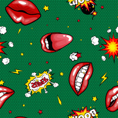 Seamless pattern cartoon comic super speech bubble labels with text, sexy open red lips with teeth, retro cartoon vector pop art illustration, halftone dot vintage effect background